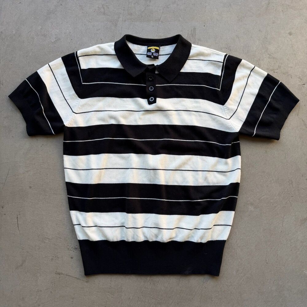 Lowrider Polo Shirt Sz L Black White Striped Knit Cholo FB County Charlie Brown